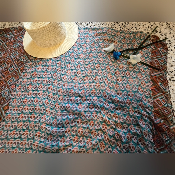 Infinity scarf. Sheer. Pink & blue sugar skull and geometric print. - Picture 5 of 5